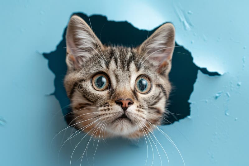 Curious cat peeking through torn paper hole royalty free stock image