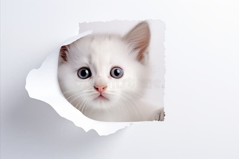 Curious Cat Poking Its Head Out of a Hole in White Paper with Copy