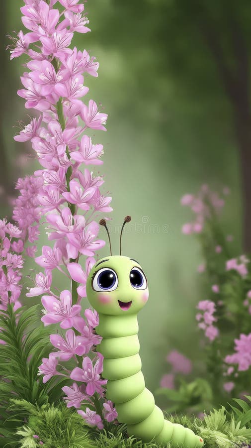 Curious Caterpillar and Pink Flowers royalty free illustration