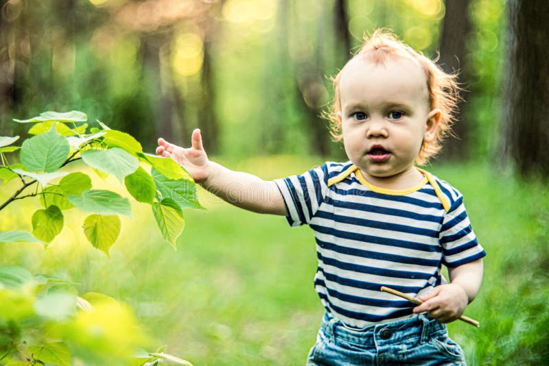 Curious child exploring nature in a lush forest setting