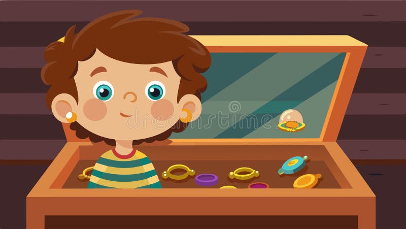 A curious child peeks into a display case of antique rings and bracelets amazed by the intricate designs and histories stock illustration