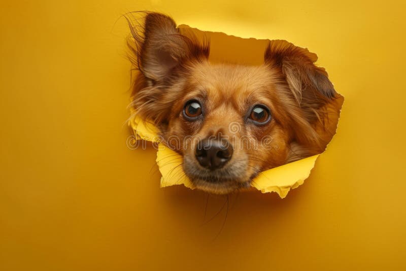 Curious dog peeking through hole in yellow paper stock image