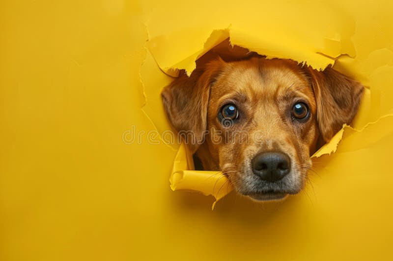 Curious dog peeking through hole in yellow paper stock photos