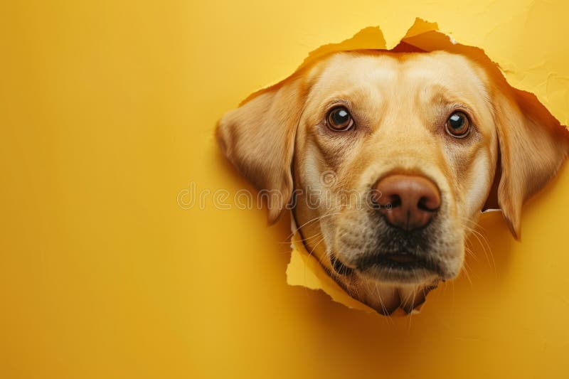 Curious dog peeking through hole in yellow paper stock images
