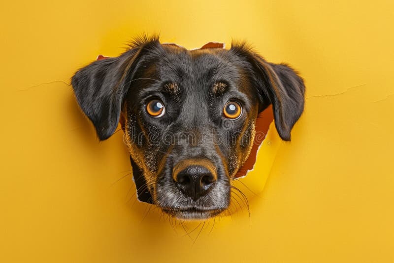 Curious dog peeking through hole in yellow paper stock photo