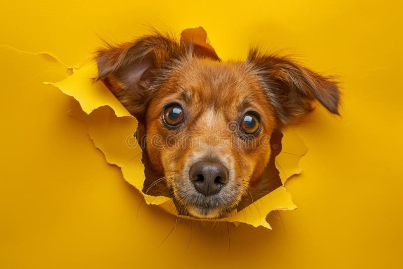 Curious dog peeking through hole in yellow paper royalty free stock image