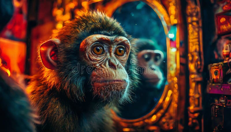 Curious monkey gazing into a gilded mirror in a dimly lit room stock image