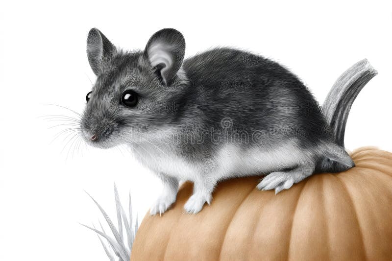 Curious mouse exploring a pumpkin on white background royalty free illustration