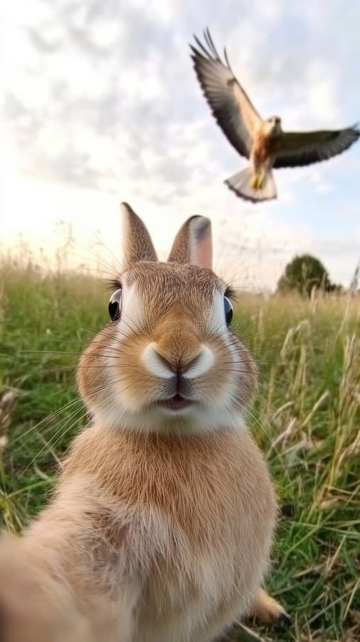 Rabbit takes a selfie in a field as a bird soars in the sky above, AI. A curious rabbit appears to take a selfie in a grassy field, capturing a bird flying overhead. The scene is playful and whimsical, with a clear sky and natural surroundings enhancing the charm AI generated