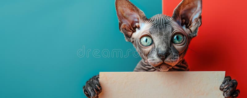 Curious Sphynx Cat Holding a Blank Sign Against a Colorful Background with Red and Turquoise Split stock illustration