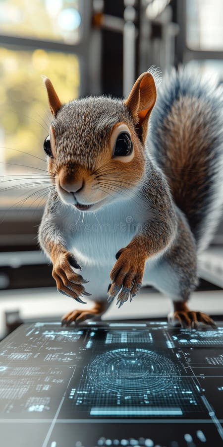 Curious Squirrel Exploring Futuristic Technology, Playful Encounter with a Digital Interface vector illustration
