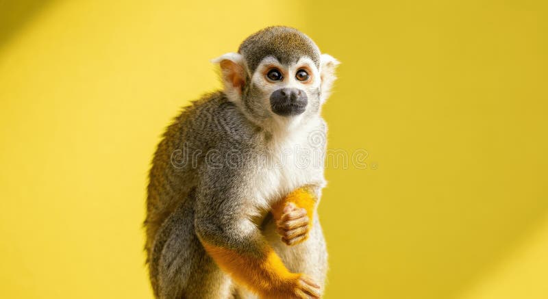 Curious squirrel monkey against bright yellow background in vibrant setting royalty free stock images