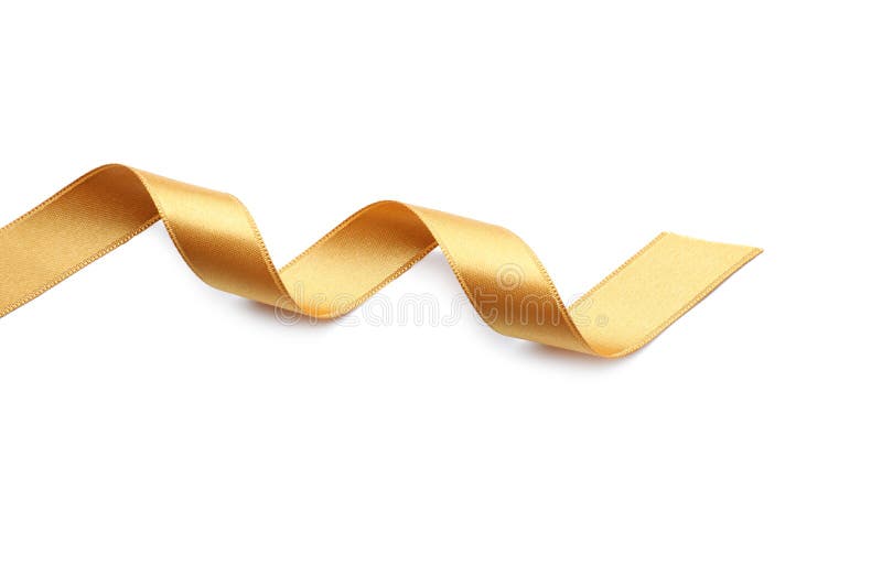 Curled Golden Ribbon on White Background. Shiny Golden Ribbon Winded in