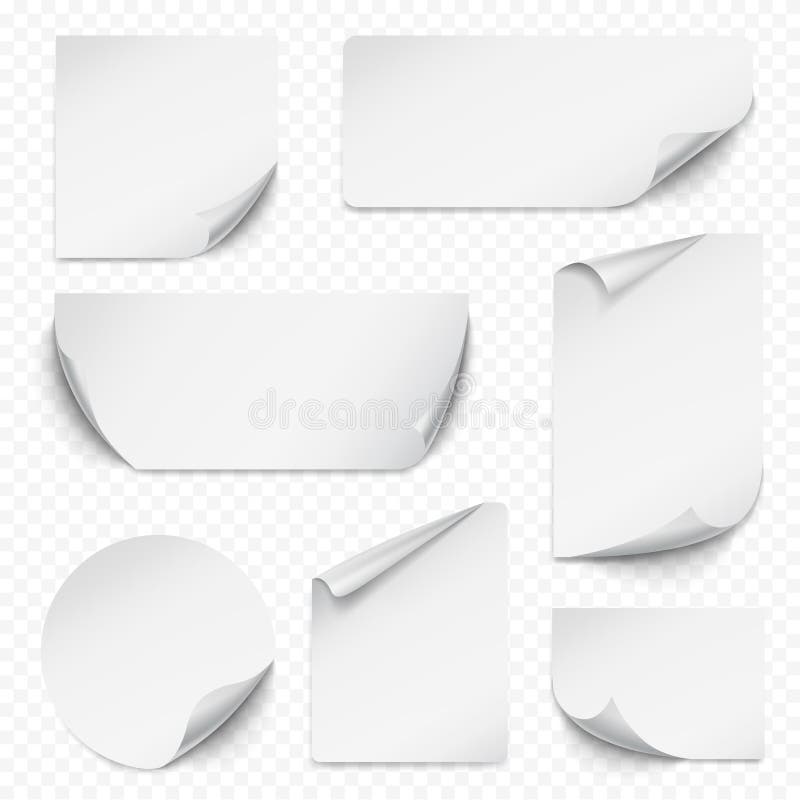 Curled sticker. Blank etiqueta rectangular paper with curved corners empty labels realistic collection vector