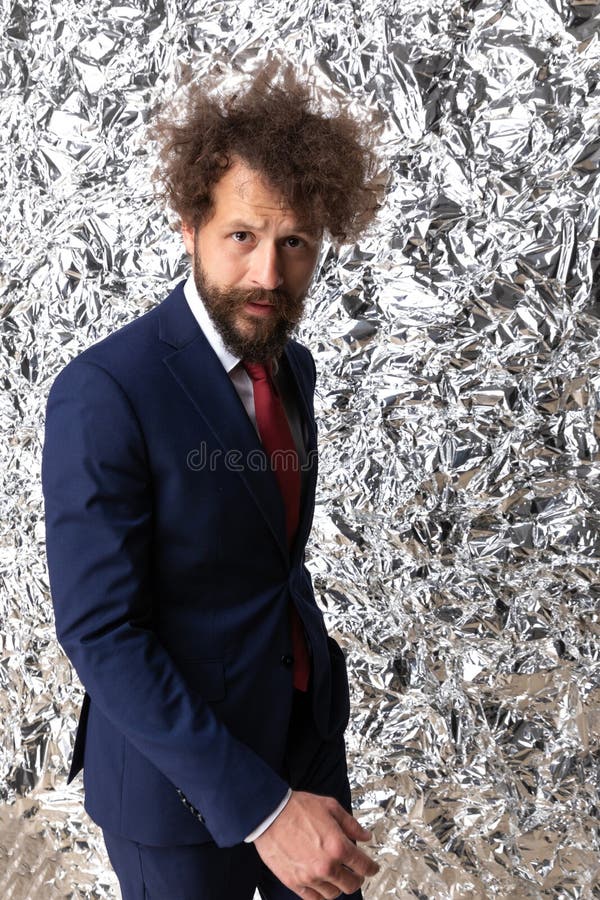Curly Hair Man in Navy Blue Suit with Long Beard Posing in a Cool Manner  Stock Photo - Image of fashion, bearded: 229338348