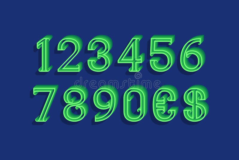 Curly volume numbers with currency signs in 3d vintage style vector illustration