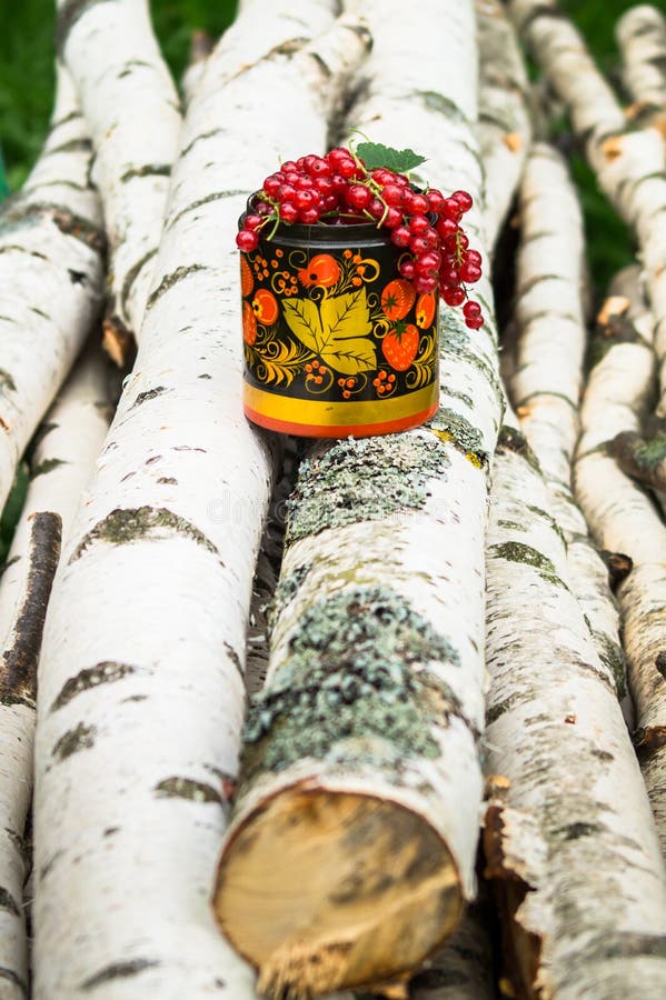 Birch Logs and Decorative Wooden Pot in Khokhloma Style, Overfilled by  Bunches of Ripe Red Currant. Stock Photo - Image of common, fruit: 105002708