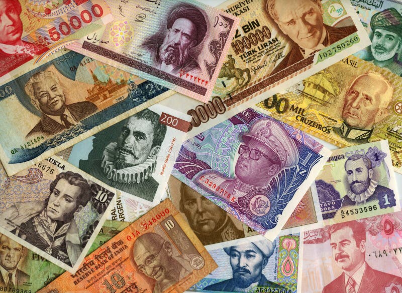 Currencies from around the world, paper banknotes.