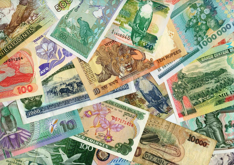 Currencies from around the world, paper banknotes.