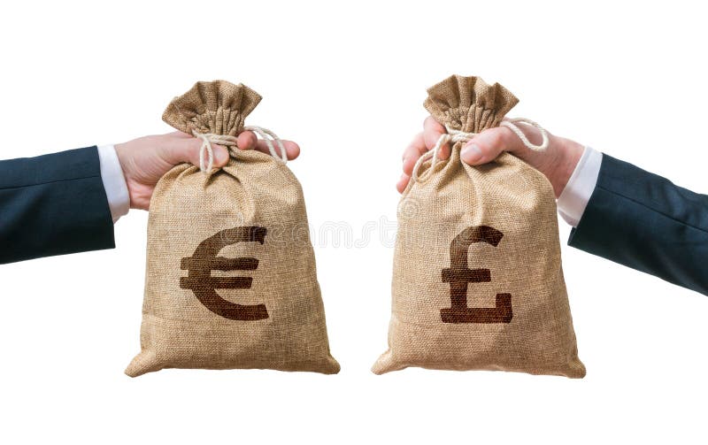 Currency exchange concept. Hands holds bags full of money - British pounds and Euro