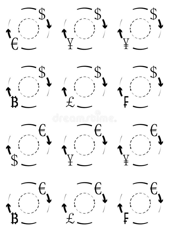 Currency exchange and conversion icons of set stock illustration Currency exchange and conversion icons of set stock illustration
