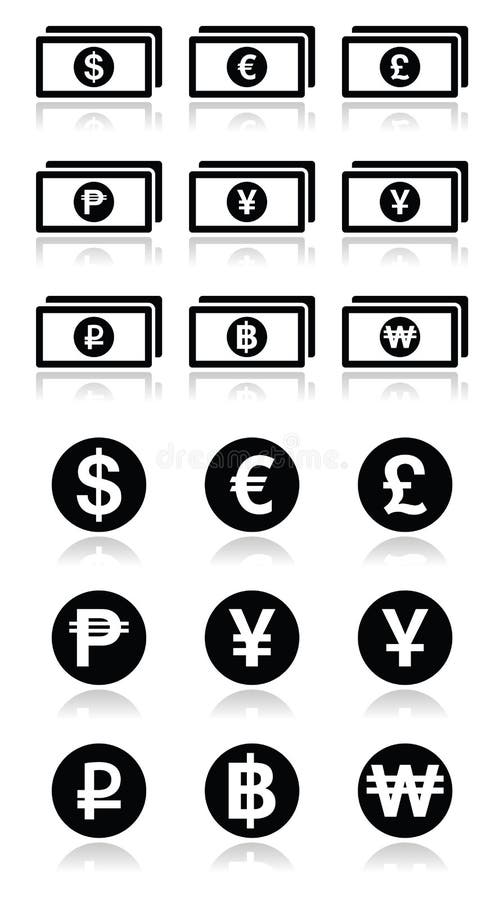 Currency exchange symbols - bank notes and coins icons set