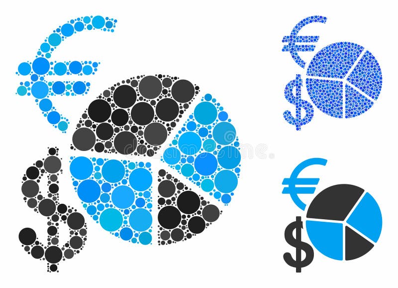 Currency Pie Chart Composition Icon of Circles. Currency pie chart mosaic of filled circles in different sizes and color hues, based on currency pie chart icon. Vector random circles are grouped into blue mosaic