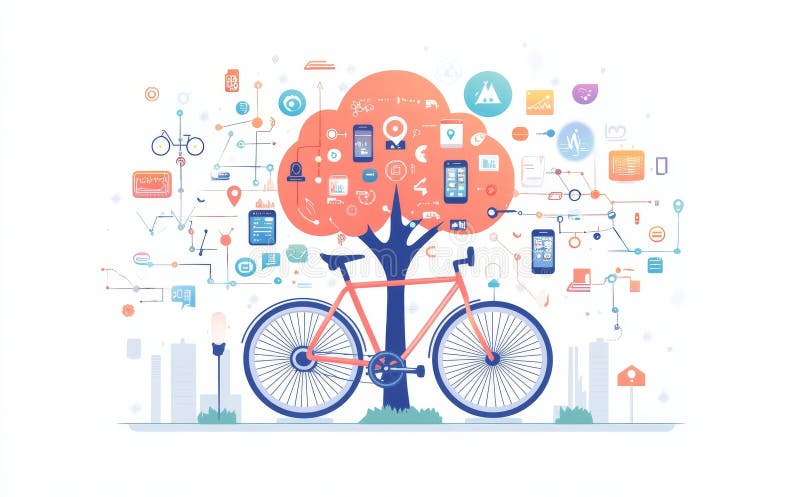 A current bicycle positioned by a tree, embraced by digital tech features, signifying green travel. stock image