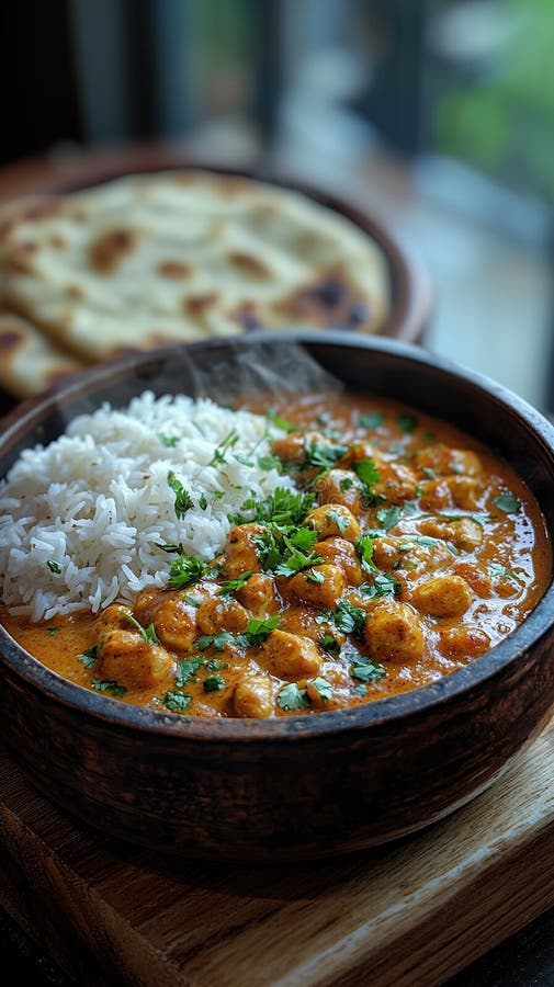 Curry delicios cu orez și pâine servită într-un mediu confortabil de restaurant în timpul prânzului royalty free stock image