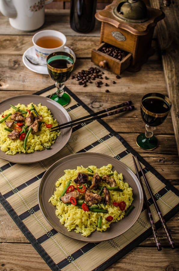 Curry Rice with Crisp Chicken Meat and Chilli Stock Image Image of