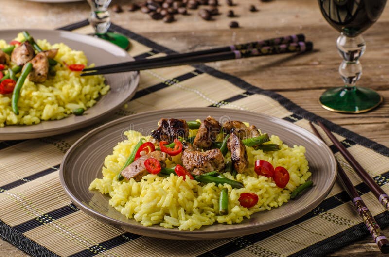 Curry Rice with Crisp Chicken Meat and Chilli Stock Image Image of