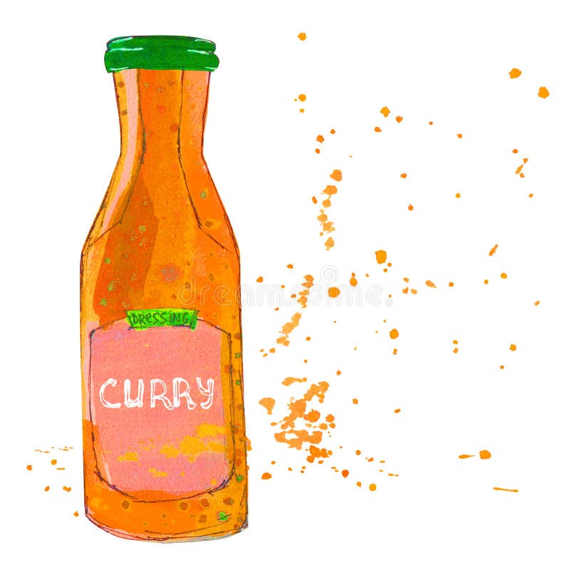 Curry Sauce Bottle. Spicy Dressing In A Jar. Hand Drawn Vector S Stock