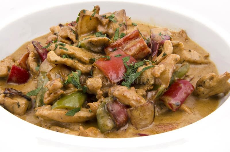 Curry Sauce on the Plate of Chicken with Vegetables on a White