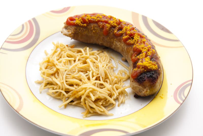 Curry sausage with noodles stock image. Image of curry 19242045