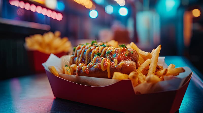 Currywurst and fries in dusk with neon light. royaltyfri foto