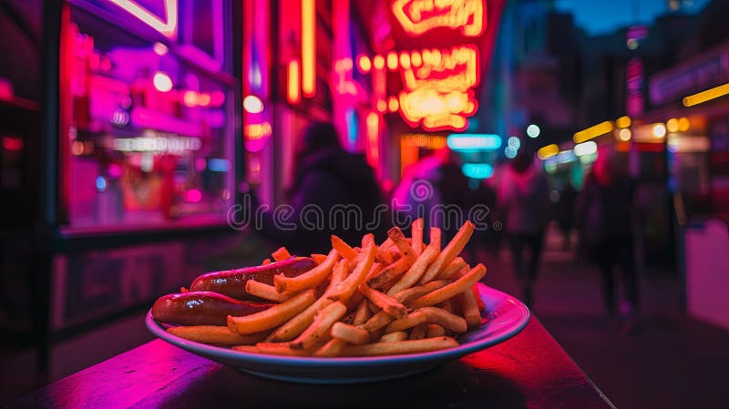 Currywurst and fries in dusk with neon light. arkivbild