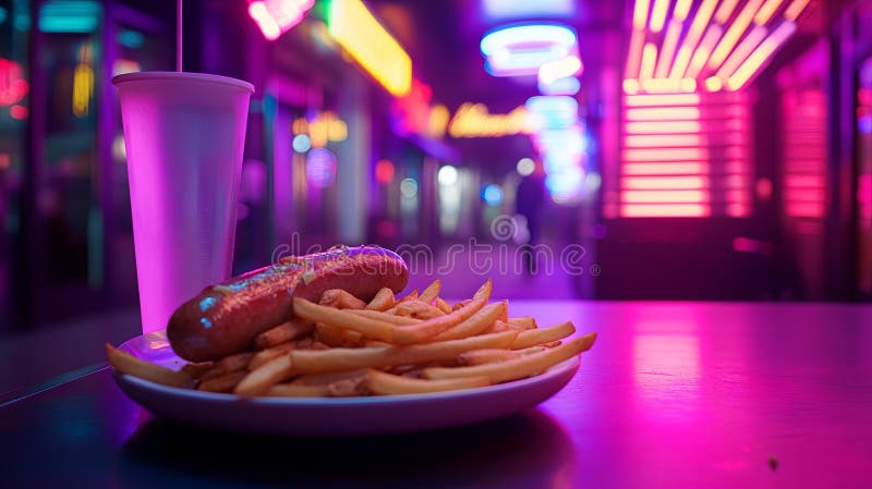 Currywurst and fries in dusk with neon light. arkivfoton