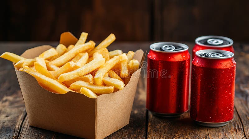 Currywurst och pommes frites intill soda-burkar. royaltyfria bilder