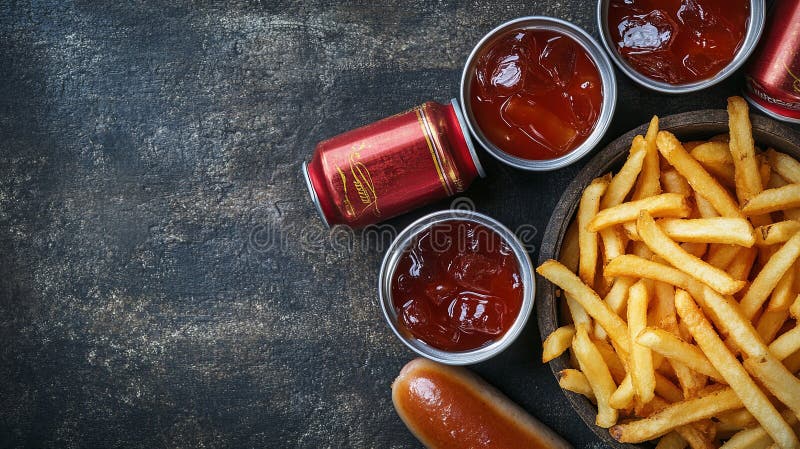 Currywurst och pommes frites intill soda-burkar. royaltyfri bild