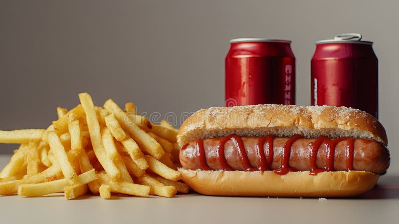 Currywurst och pommes frites intill soda-burkar. arkivfoto
