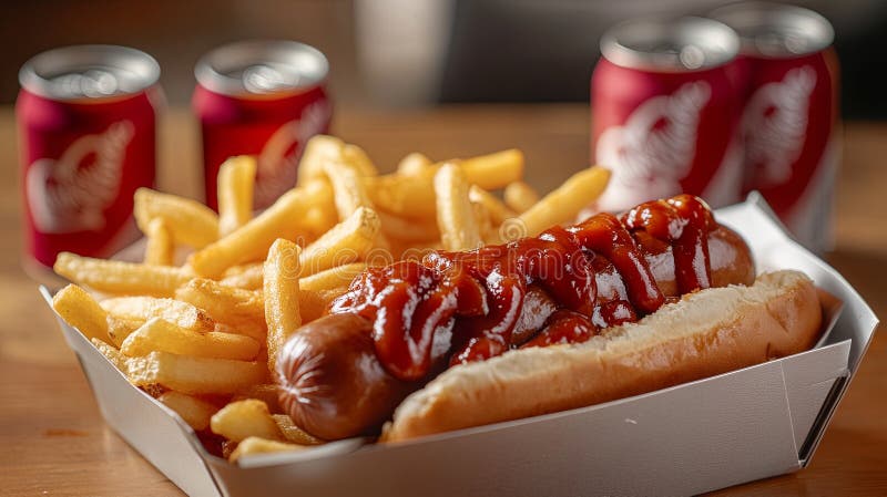 Currywurst och pommes frites intill soda-burkar. fotografering för bildbyråer