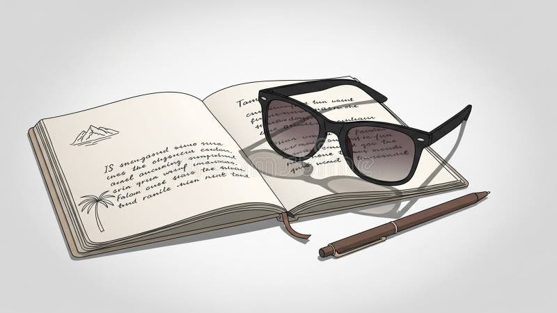 With cursive writing displaying a simple palm tree and mountain sketch on vector illustration