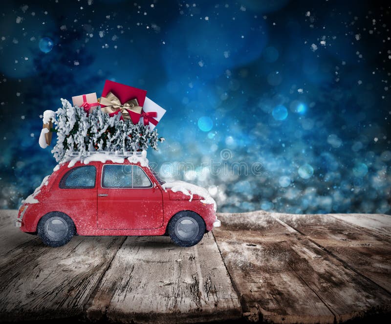 Christmas tree and presents on the roof of a car on wooden floor. Xmas holiday travel concept. 3D rendering. Christmas tree and presents on the roof of a car on wooden floor. Xmas holiday travel concept. 3D rendering