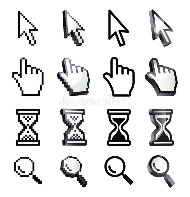 Cursor. Hand, arrow, hourglass, magnifying