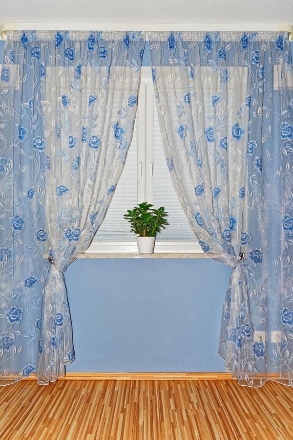 Curtain Interior Decoration In A Room With Blue Wall Stock Image - Image Of  Elegance, Design: 179617761