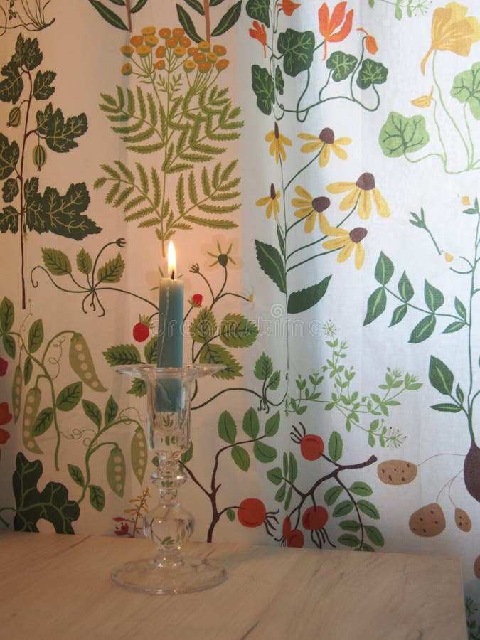 Curtain Textile, Glass Candle Holder and Candle Stock Image Image of