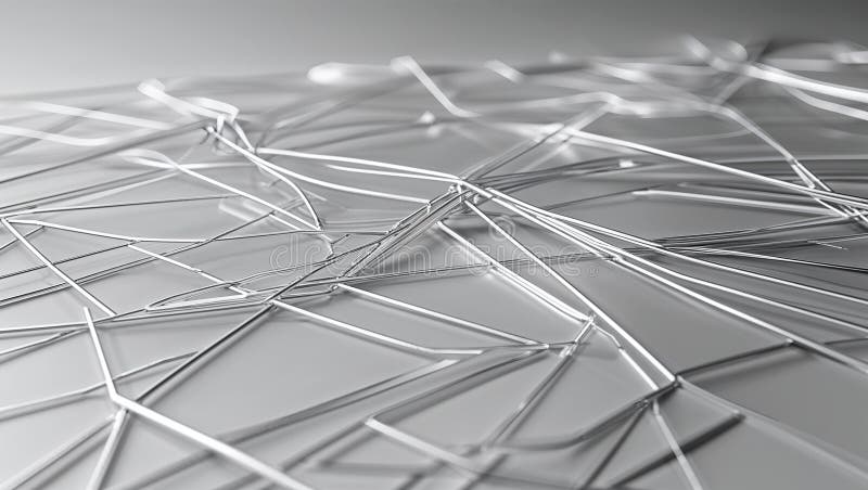 Curved and angular silver lines intertwine on a smooth surface, forming a delicate and complex abstract pattern that emb stock illustration