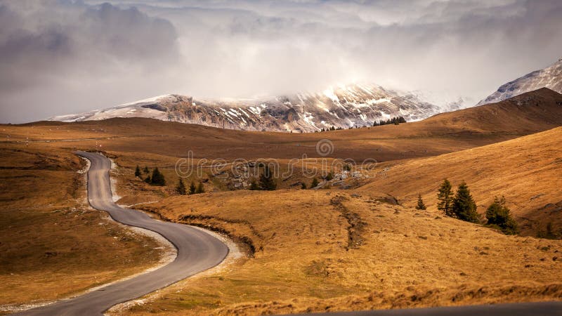 Curved asphalt road in high mountains of Romania, Transbucegi