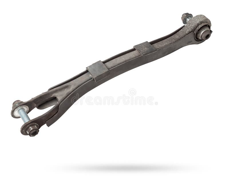 Curved metal chassis arm lever with ball and rubber-metal joint with bushings - silent block on a white isolated background. Detail for suspension repair in a workshop or garage