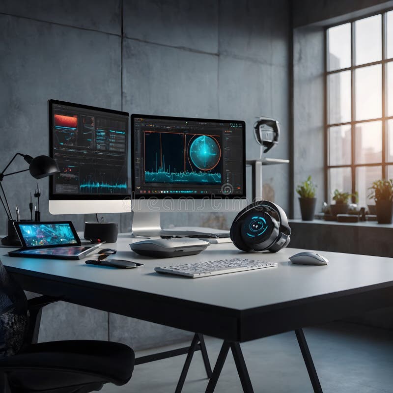 Curved Monitor and 3D Design in a Futuristic Workspace with Cutting-Edge Tech Gadgets royalty free stock image